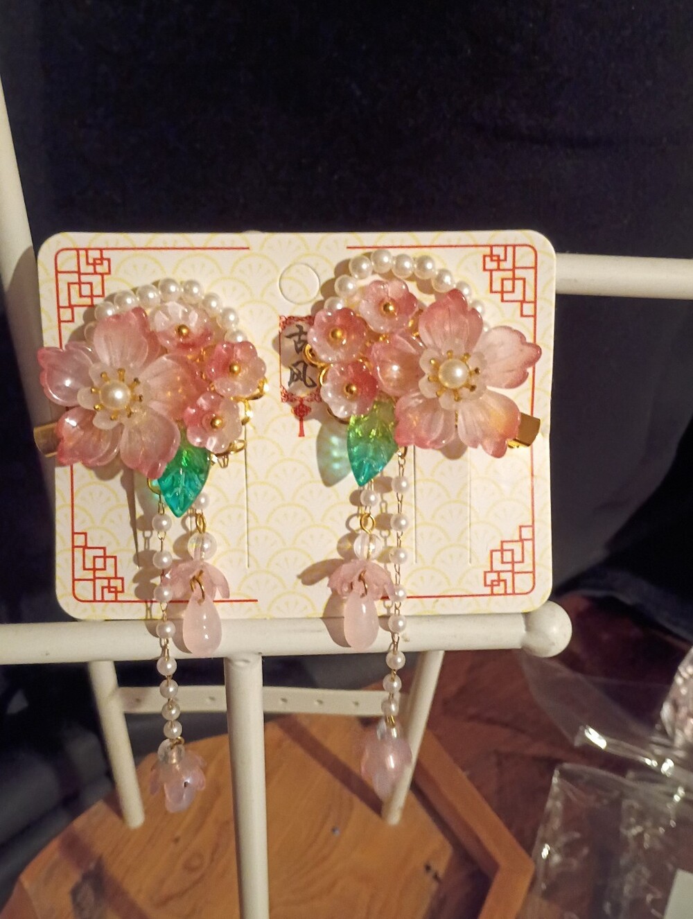 Floral Pink Pearl Dangle Hair Clips